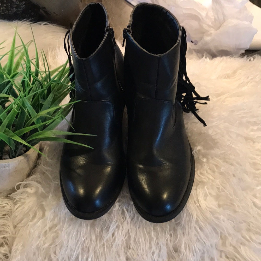 Black Fringe Zip Up Ankle Boots - Picture 3 of 5